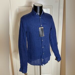 ZARA 100% LINEN SHIRT WITH collar and long sleeves pocket BLUE Small NWT​